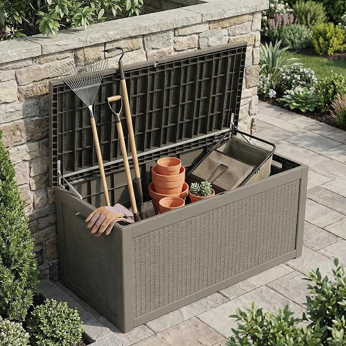 265 Gallon Resin Deck Box Outdoor Storage Chest, Large Waterproof Patio Storage Box All-Weather Garden Storage Container for Cushions, Pool Supplies, Yard Tools – Easy Assembly, Lockable Lid