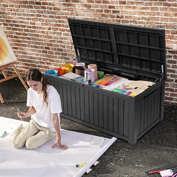 DWVO 180 Gallon XL Deck Box with Divider & Lockable Lid, Waterproof Resin Outdoor Storage for Patio, Garden, Poolside, Cushions, Supplies & Sports Gear, Black