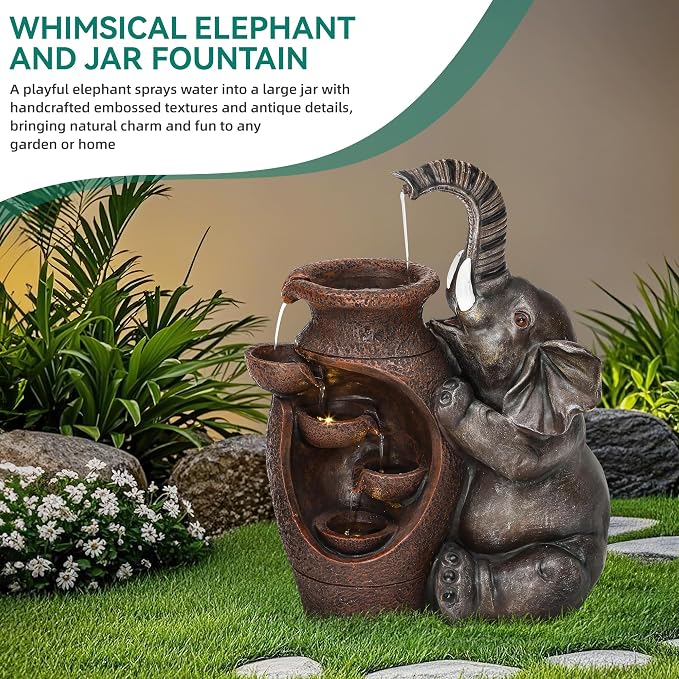 AUTODAYA 19" H Elephant Jar Outdoor Water Fountain, Rustic Farmhouse Water Feature with Tranquil Cascading Waterfall, Relaxing Garden Patio Yard Deck Kitchen Floor Tabletop Decor