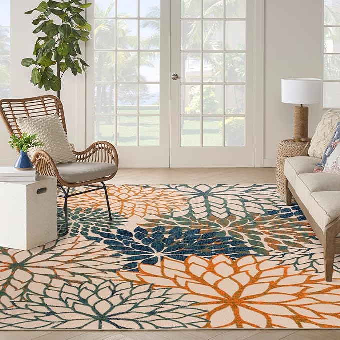 Nourison Home Aloha Indoor/Outdoor Blue Green 9' x 12' Area Rug, Easy Cleaning, Non Shedding, Bed Room, Living Room, Dining Room, Backyard, Deck, Patio (9x12)