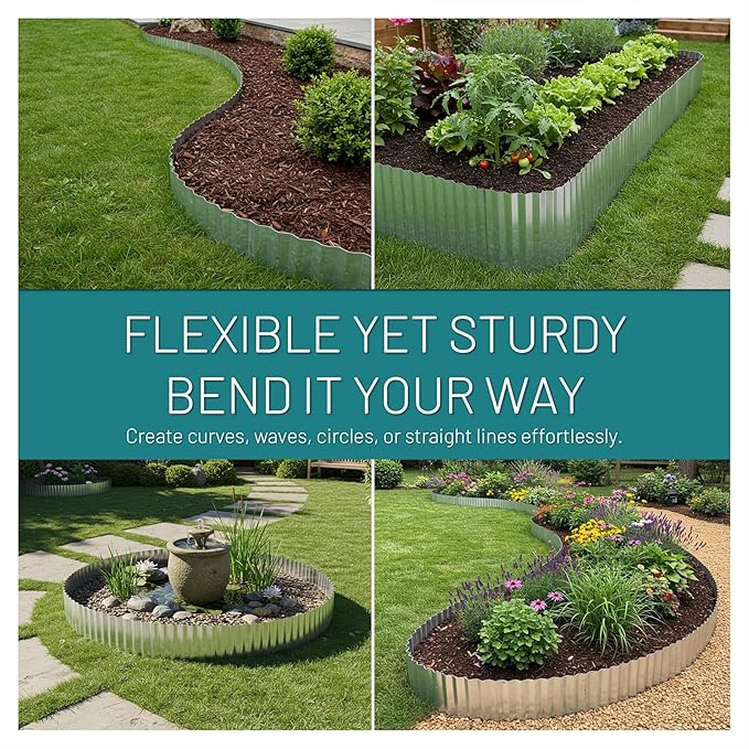 50FT Galvanized Steel Corrugated Metal Landscape Edging – Flexible & Rustproof Garden Edging Border, Decorative Metal Trim for Flower Beds, Lawn, Driveway, Walkway & Raised Beds