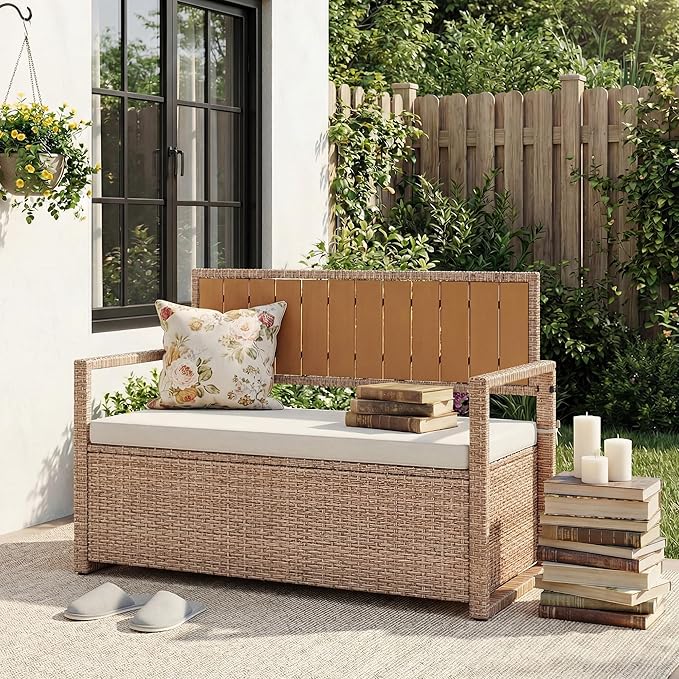 Outdoor Storage Bench with Cushion, 2-Seater PE Rattan Storage Box with Backrest & Armrests, 75 Gallon, 400 lbs Capacity Weatherproof Patio Bench for Garden, Balcony, Porch, Pool, Yard, Brown