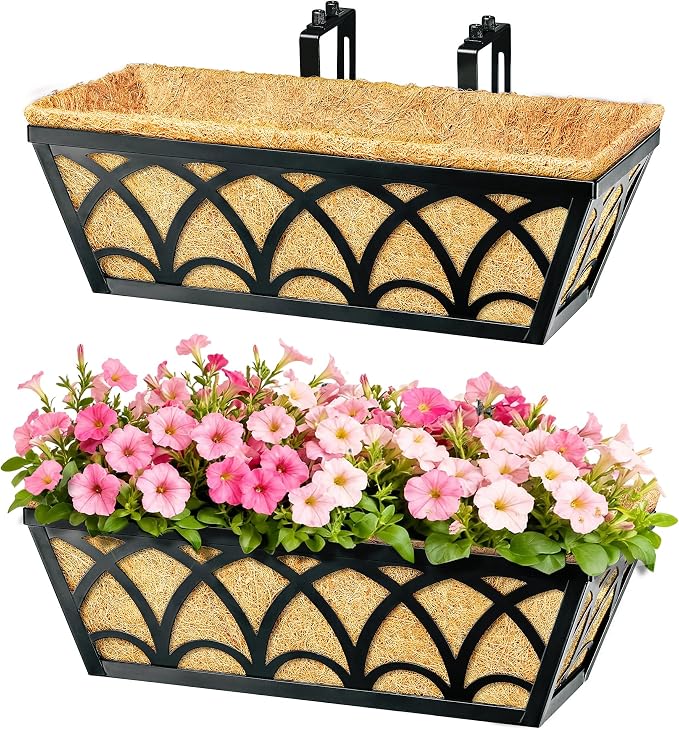 16 Inch Railing Planter Box Window Boxes Planters - 2 Pack Deck Railing Planter Boxes with Adjustable Brackets Coco Liners Balcony Planters Railing Hanging for Window Flower Boxes Outdoor Garden Decor