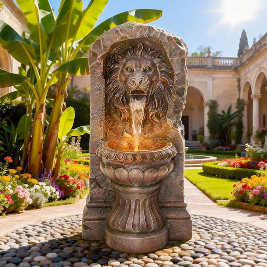 AUTODAYA 30" Majestic Lion Head Outdoor Water Fountain, Rustic Stone Pedestal Cascading Water Feature with Warm LED Lights, Tranquil Oasis for Outside Garden Patio Yard Decor