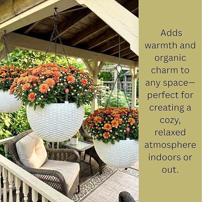 LaLaGreen Hanging Planters for Indoor Plants (11 Inch, 4 Pack) White Rattan Style Self-Watering Hanging Flower Pots with Water Level Indicator, Round Baskets Metal Chain for Balcony Patio Garden Decor