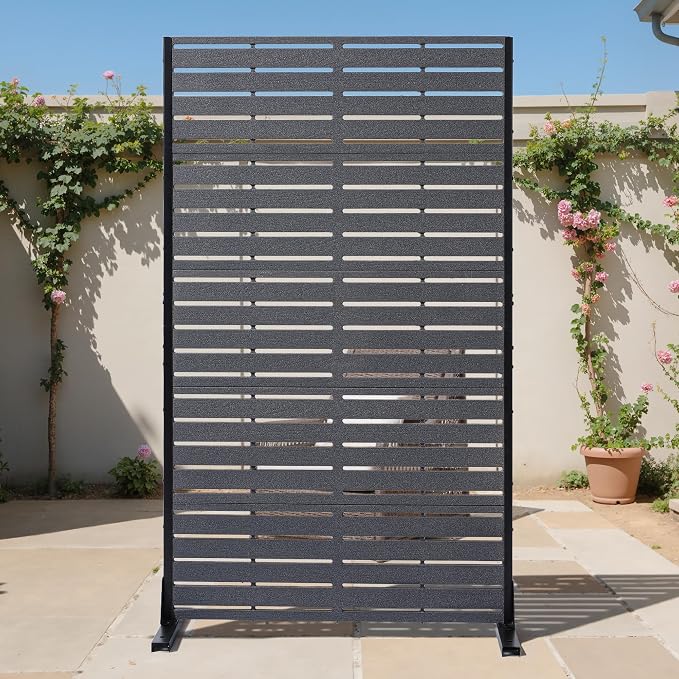 Privacy Screen Outdoor 60" H HDPE Decorative Freestanding Privacy Panel, Garden Divider Panels with Sandblasting Louvered Design, Privacy Screens Fence with Stand for Outside, Patio, Balcony