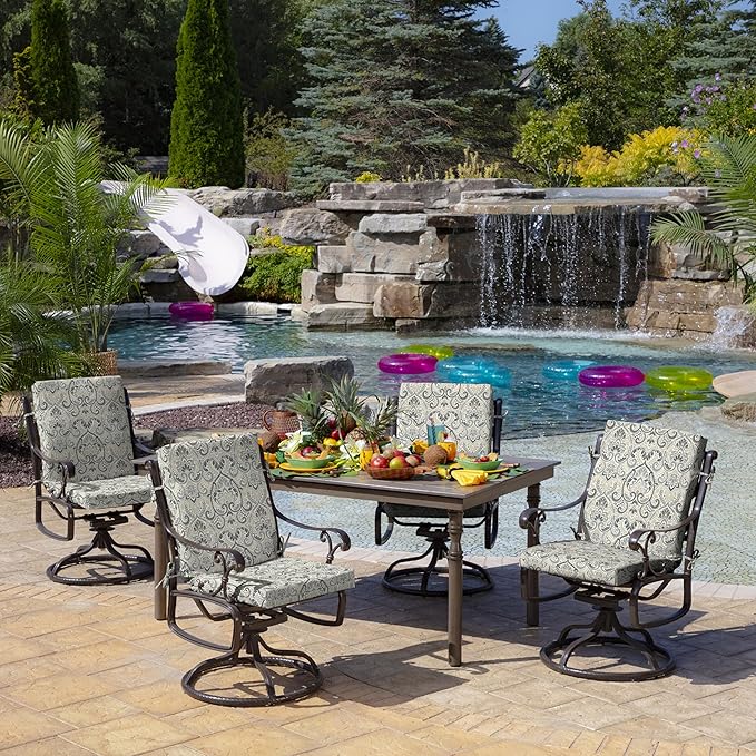 Arden Outdoor Midback Chair Cushion, 18 x 16.5, Rain-Proof, Fade Resistant Neutral Aurora Damask
