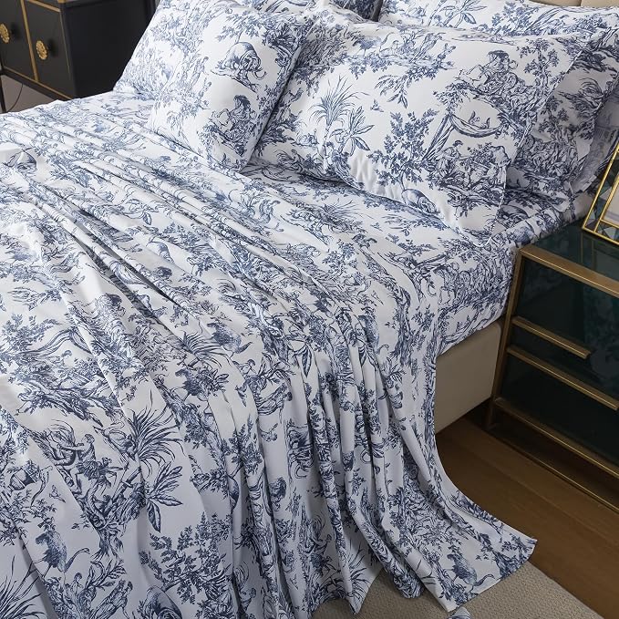 FADFAY Toile Sheet Set Queen Classic Blue & White 100% Egyptian Cotton French Country Bedding Toile de Jouy Pastoral Scenic Farmhouse Bedding Deep Pocket Sheets Breathable Soft for All Seasons 4Pcs