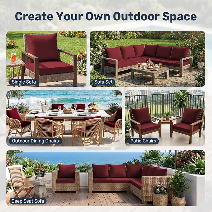 UNIKOME Outdoor Seat Cushions 19 X 19 Inch - Water-Resistant & Fade Resistant, Removable Cover Patio Furniture Cushions for Chair, Sofa, Couch, Wicker, Wine Red