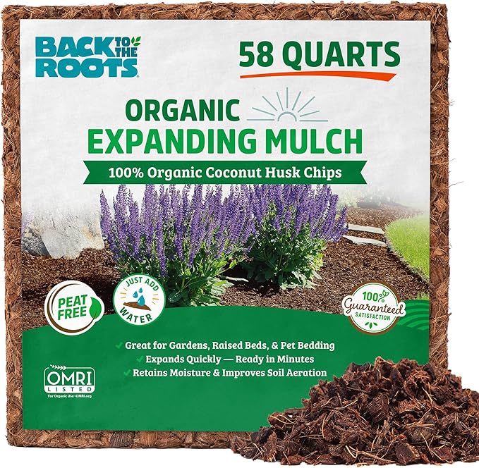 Back to the Roots 100% Organic Mulch, 58 Quart, Expanding Coconut Husk Block for Gardening