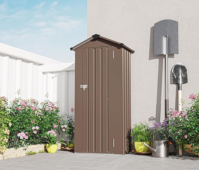 YOPTO 2.5x1.4 FT Outdoor Storage Shed, Tool Shed with Waterproof Roof and Lockable Door,Metal Shed with Adjustable Open Shelves for Backyard Garden Patio Lawn,Brown