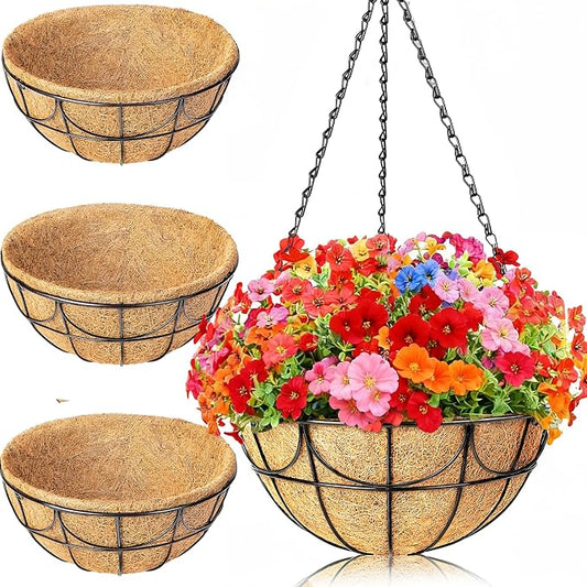 13.5 Inch 3 Pack Hanging Baskets Planters for Outdoor Plants - Wire Hanging Baskets Plant for Plants Outdoor with Coco Liners Minimalist Metal Hanging Pots for Outside Garden Patio Porch Decor