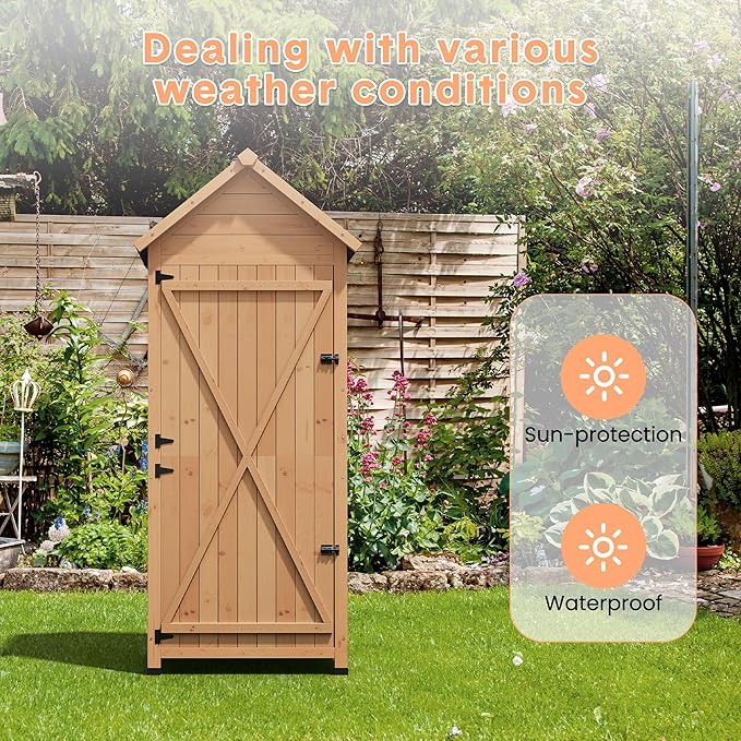 63in Tall Outdoor Storage Shed, Waterproof Wooden Garden Tool Shed with 4 Shelves and Lockable Doors, Vertical Outdoor Storage Cabinet for Patio Yard Lawn