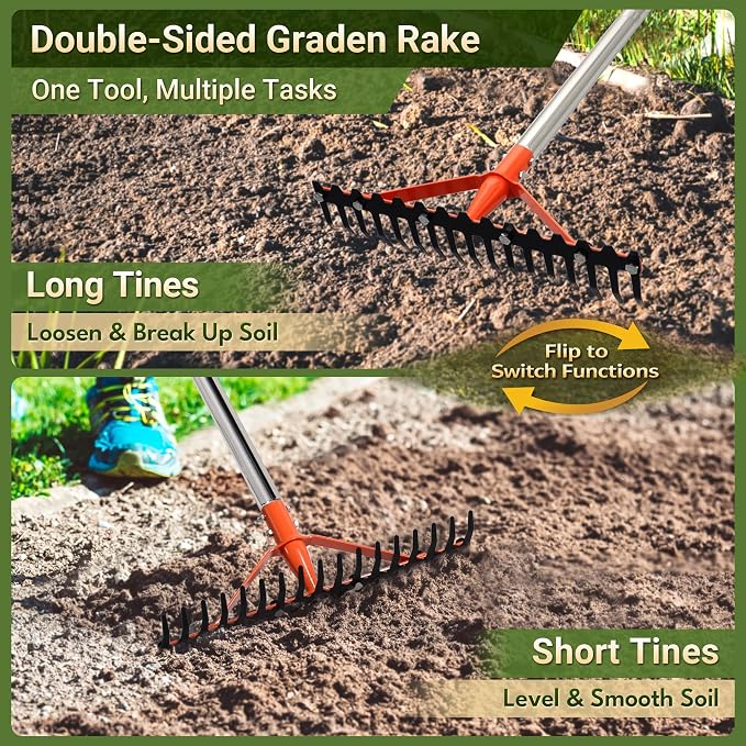 Garden Rake 17 Tempered Spring Steel Tines Heavy Duty Rake for Lawns Bow Rakes Metal Rakes with 62 Inch Stainless Steel Adjustable Long Handle for Loosening Soil Yard Work