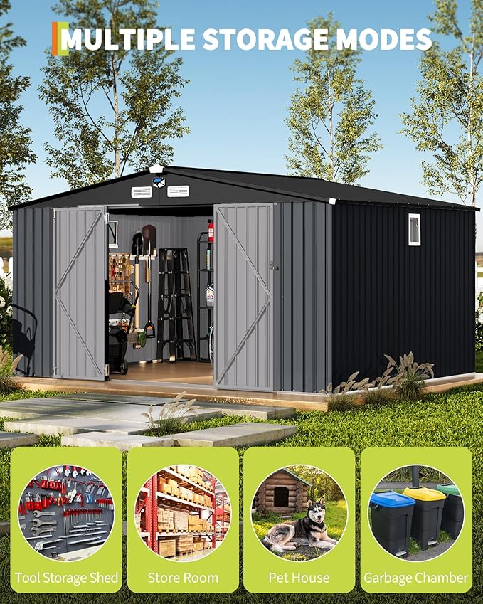 Garvee 10x12 ft Heavy-Duty Metal Storage Shed with Lockable Door & Windows - Galvanized Steel Outdoor Utility Shed with Sloped Roof for Backyard, Garden, Garage, and Patio, Dark Gray