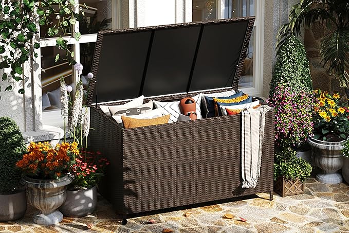 125 Gallon Outdoor Deck Box with Wheels, All-Weather PE Wicker & Aluminum Frame, Waterproof Patio Storage for Cushions, Garden Tools, Pool Toys, Lockable Storage Box with Soft-Close Lid,Brown