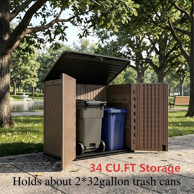 Outdoor Storage Cabinet, 34 Cu. Ft Horizontal Resin Storage Shed for Trash Cans/Garden Tools/Backyard/Pool, Weatherproof & Lockable, No Shelf Included (Brown)
