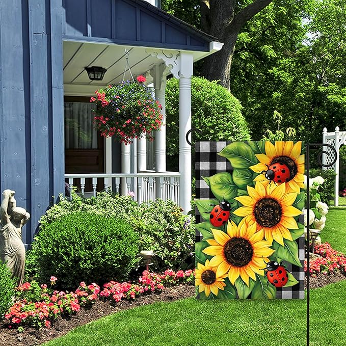 Morigins Spring Garden Flag Double Sided Ladybug Sunflower Flower Buffalo Plaid Farmhouse Yard Flag Summer Seasonal 12.5×18 inch