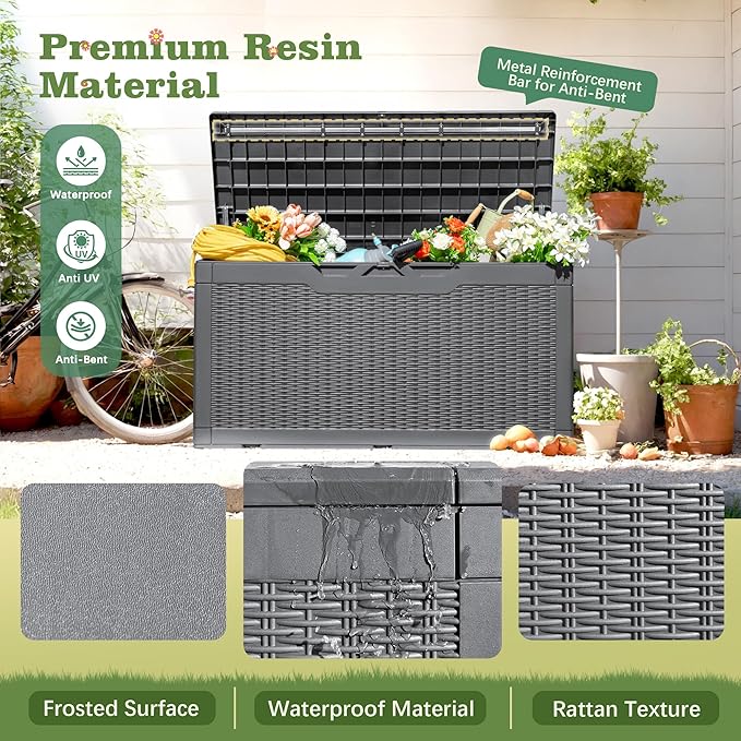 Flamaker Outdoor Storage Box 100 Gallon Waterproof Resin Deck Box Delivery Box with Air Rod Indoor Outdoor Lockable Storage Bench for Patio Cushions, Tools, Pool Accessories (Gray)