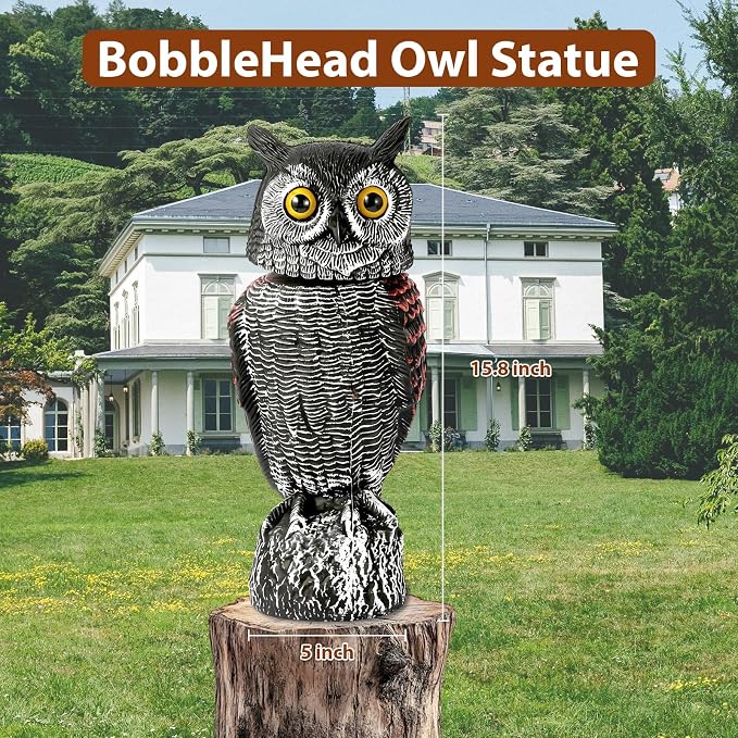 Fake Owl Decoys to Scare Birds Away-15.8 Inch, Rotating Head Sculptures, Nature Enemy Scarecrow Plastic Owl Statues, Bird Control and Pigeon Deterrent Outdoor for Outside, Patio, Yard