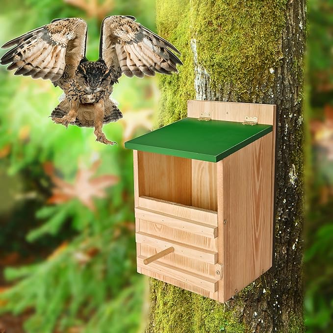 Owl House Owl Box with Bird Stand Design, Owl Nesting Box, Barn, Screech Houses Cedar with Shavings for Outside Wildlife Lovers,Cozy House for Lovely Birds - Easy Assembly Required