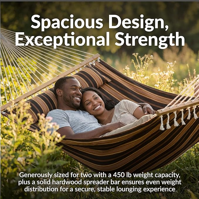 Sunnydaze Quilted Outdoor Hammock with Spreader Bars - Heavy-Duty 450-Pound Capacity Double Hammock for Outside - Woodland Stripe
