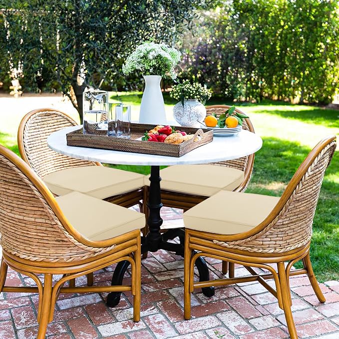 Outdoor Chair Cushions Set of 4 Water Resistant Patio Chair Cushions with Tie 3 Year Color Fastness Thick Outdoor Seat Cushion for Garden Lawn Round Corner Beige 17x16 Inch