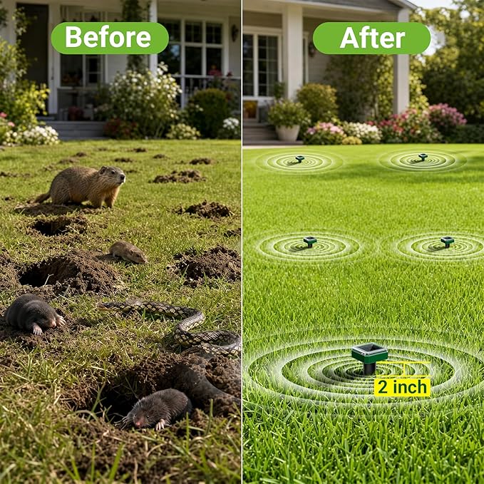 8 Pack Mole Repellent Solar Powered, Gopher Repellent Ultrasonic for Lawns, IP65 Waterproof Mole Deterrent for Yard, Outdoor Pest Control for Groundhog, Vole, Armadillo, Chipmunk, Snake