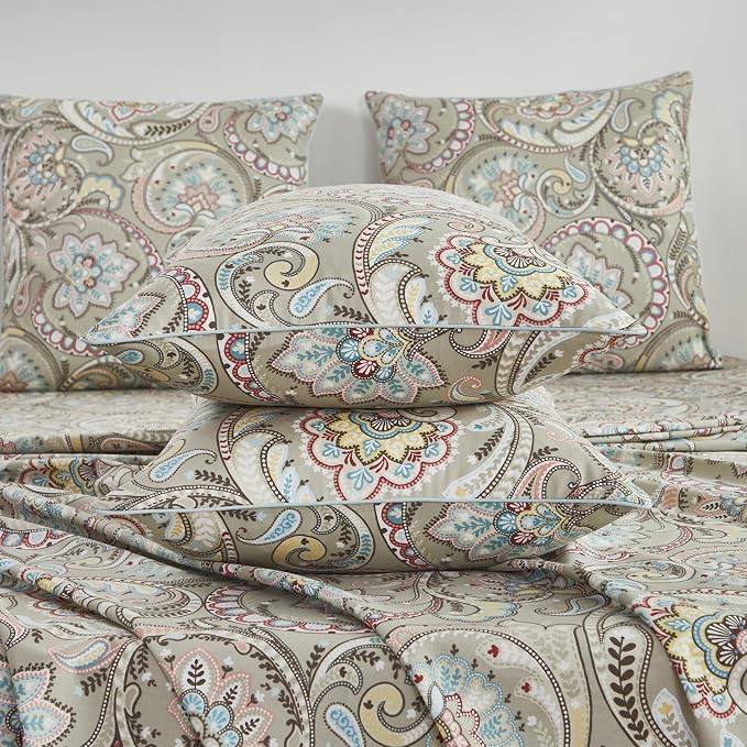 FADFAY Paisley Sheets Set King Vintage Floral Bedding Set 100% Egyptian Cotton Soft Breathable Bed Sheets Luxury 17.7“ Deep Pocket Fitted Sheet Shabby Beige Boho Style for All Season, King Size