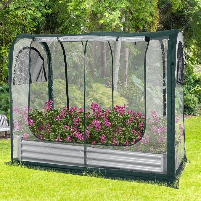 PORAYHUT All-in-One Raised Garden Bed and Greenhouse Kit,Metal Outdoor Planter Box with Pop up Tunnel Greenhouse Cover ,Vegetables, Flowers for Cold Frost Protector (72.4X 36.6 inch)