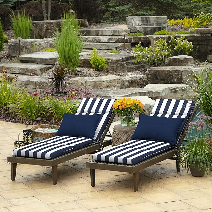 Arden Outdoor Chaise Cushion, 21 in x 72 in, Weather-Proof, Rain-Proof, Fade Resistant Patio Cushion for Chaise Lounger Sapphire Blue Cabana Stripe