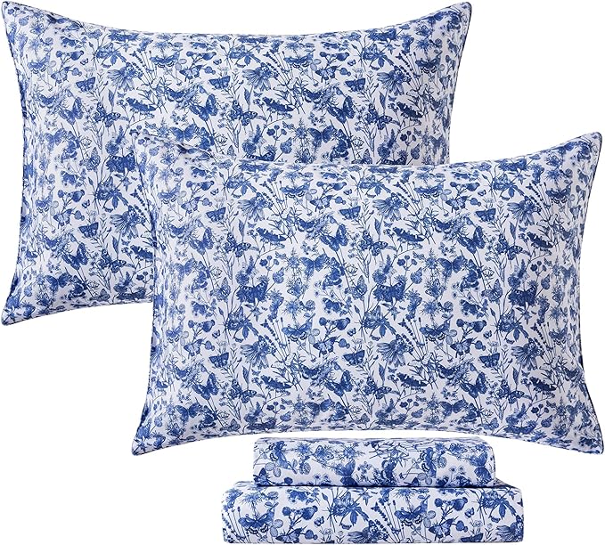 FADFAY Twin XL Blue Toile Sheets Set Dorm Room Essential Bedding 100% Egyptian Cotton Soft Breathable Sheets Blue Butterfly French Country Vintage Farmhouse Sheet, Extra Long for College Bedding 4Pcs