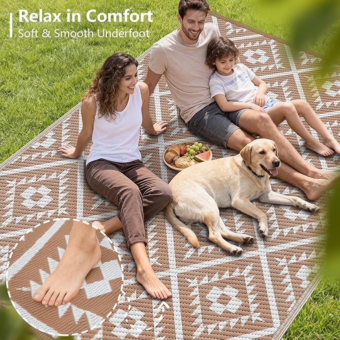 COOLTOP 9'x18’ Outdoor Rug for Patios Porches, Waterproof Plastic Camping Rugs, Modern Reversible Mat, Large Area Rugs for Backyard, Deck, RV, Balcony, Picnic, Beach, Khaki & White