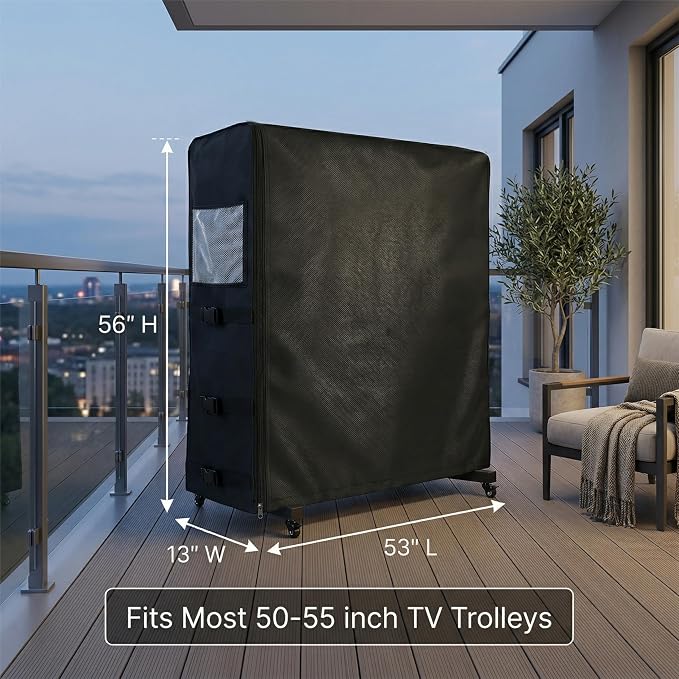 50-55-inch Outdoor TV Trolley Cover, All-Weather Waterproof and Windproof Cover for Casters, Heavy-Duty Oxford Fabric for Mobile TV Carts, with Zipper & Windproof, 53" L x 13" W x 56" H