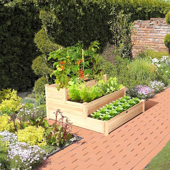 Giantex 3 Tier Raised Garden Bed Wood Elevated Planter Box Vegetable Flower Growing Bed Kit Outdoor Planting Container for Backyard Lawn Patio Planter Raised Beds, Easy Assembly 49"X49"X22"