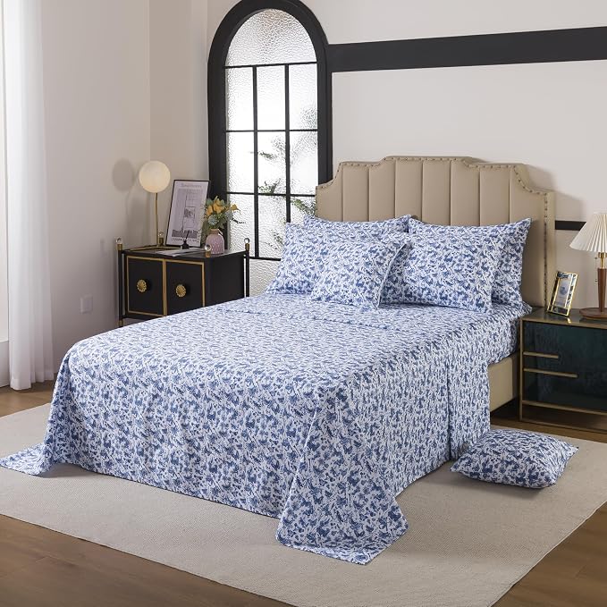 FADFAY Blue Toile Sheets Set King French Country Vintage Farmhouse Bedding Exotic Scenic Buttterfly Floral Bedding 100% Egyptian Cotton Soft Breathable Sheet Set with Deep Pocket Fitted Sheet 4Pcs