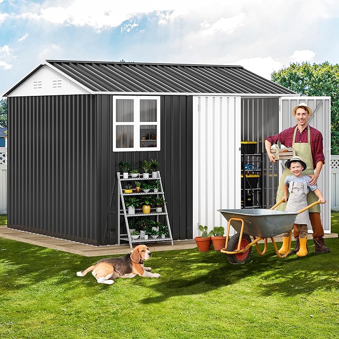 DWVO 10x8ft Metal Outdoor Storage Shed with Window, Lockable Tool Storage Sheds, Oversized Steel Garden Sheds with Sloped Roof for Backyard, Patio, Garage, Lawn (Gray + White)