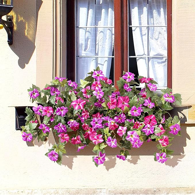 Ammyoo Artificial Hanging Fake Flowers with Basket Plants for Outdoor Decoration, Faux Silk Flower UV Resistant Morning Glory for Home Porch Patio Garden Balcony Yard Look Real (Fuchsia Lotus)