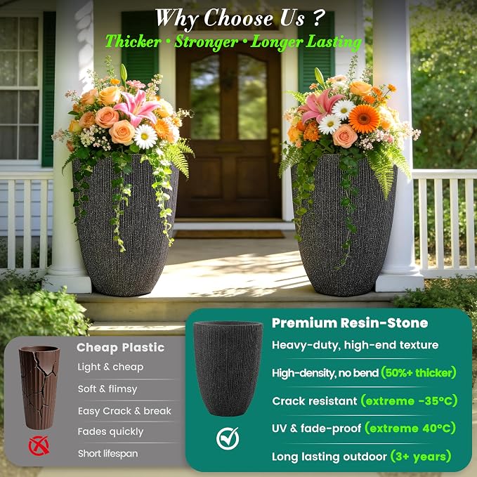 19" Concrete-Style Tall Round Planters for Indoor Outdoor Plants, Set of 2 Decorative Fluted Large Flower Pot, UV-Resistant Top-Tier Resin Planters for Garden Patio Porch Home Office Decor