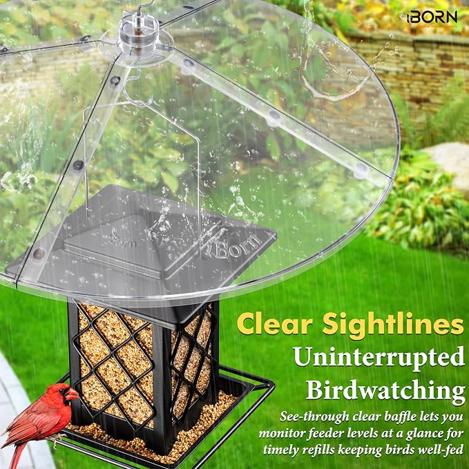 iBorn Glass Hummingbird Feeder for Outdoors Hanging,8 Ports for 16oz,Red+19.5” Oversized Birdfeeder Baffle, Squirrel Defender,Chew-Proof PC, Transparent