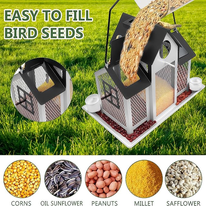Solar Bird Feeders House for Outside Hanging, Metal Wild Bird Feeder for Outdoors Large Capacity Cardinal Birdfeeder Birdhouses Metal Bird Feeding Station White