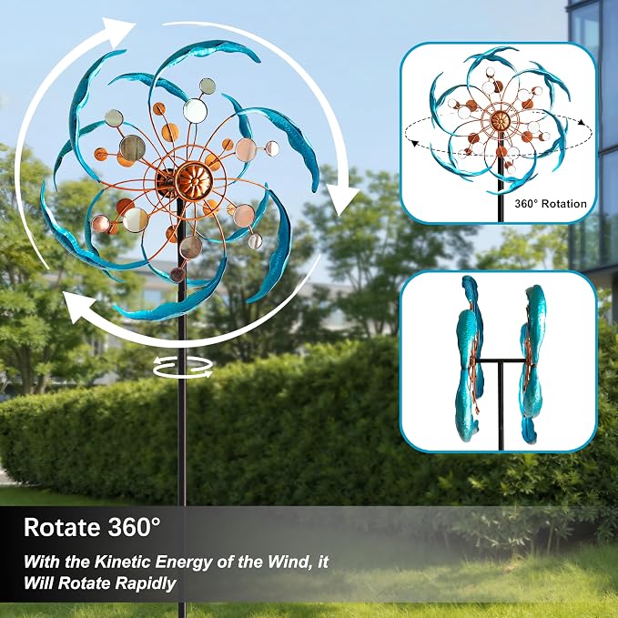360° Outdoor Wind Spinner, Wind Sculpture Spinner with Metal Stake, Yard Art Decor for Patio, Lawn & Garden (Mirror Style)