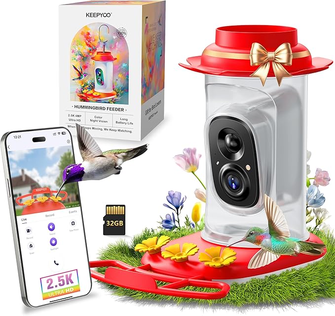 2.5K Hummingbird Feeder with Camera, Wireless Smart Bird Feeders for Outdoors, 2.4Ghz WiFi, AI Bird Identify, Instant Notification, Include 32GB SD Card, Ant Moat & Bee-Proof (Red)