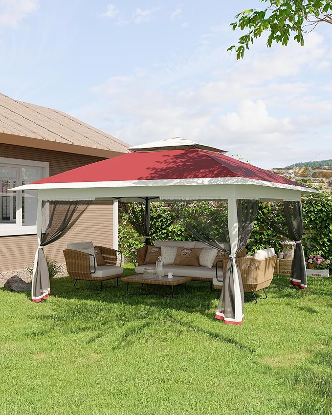 GarveeLife Canopy Tent 13x13 ft, Pop Up Gazebo One-Push Setup with 4 SandBags for Backyard Parties and BBQs, Mosquito Netting & Height Adjustable - Red