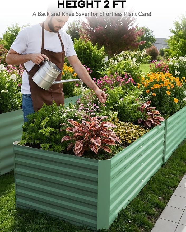 GarveeLife 6x3x2 ft Galvanized Raised Garden Bed, 24" Tall Metal Planter Box for Flowers Vegetables, Rust-Resistant Raised Garden Beds for Gardening, Easy Assembly Outdoor Garden Box & Planters, Green