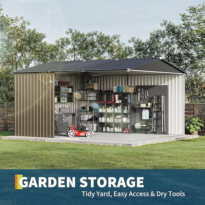 Garvee 10X12 FT Storage Shed with Cross Windows & Lockable Door，Large Outdoor Metal Shed，Peaked Roof Garden Shed for Lawn Mower, Bike, Tools - All Weather Secure Storage