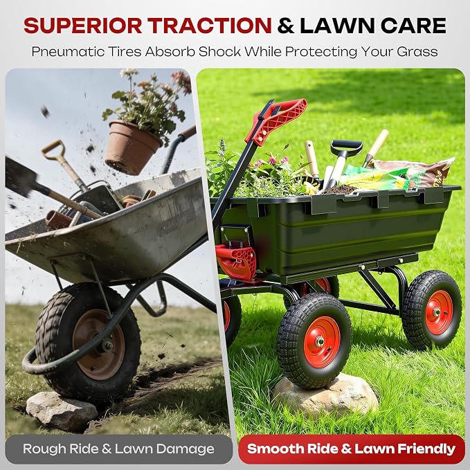 1200lbs Garden Dump Cart,7 Cu.Ft Utility Wagon Cart with Hitch,Heavy Duty Yard Dump Wagon Wheelbarrows with 13" All Terrain Wheels & 2-in-1 Handle,Tow Behind for Lawn Mower Tractor ATV