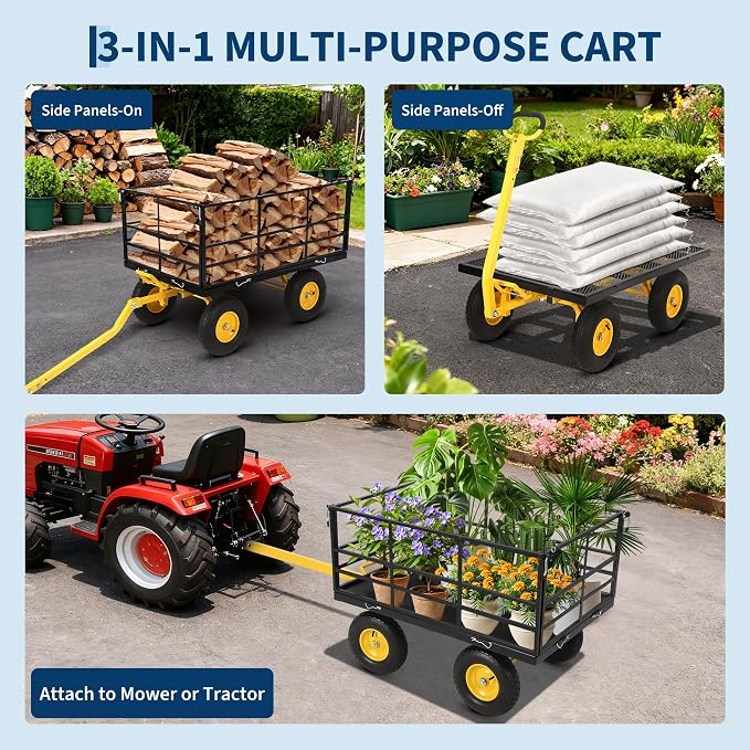 Heavy Duty 1500 Lbs Capacity Mesh Steel Garden Cart Folding Utility Wagon with Removable Sides, Garden Cart on Wheels for Gardening Soil, Tools, and Plant Transport