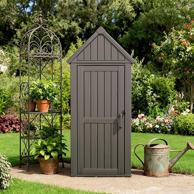 Vertical Outdoor Storage Shed, Waterproof Resin Outdoor Storage Cabinet with Removable Shelves & 12 Hooks, Lockable Small Tool Shed for Garden, Backyard, Patio, Pool, Classic Gray