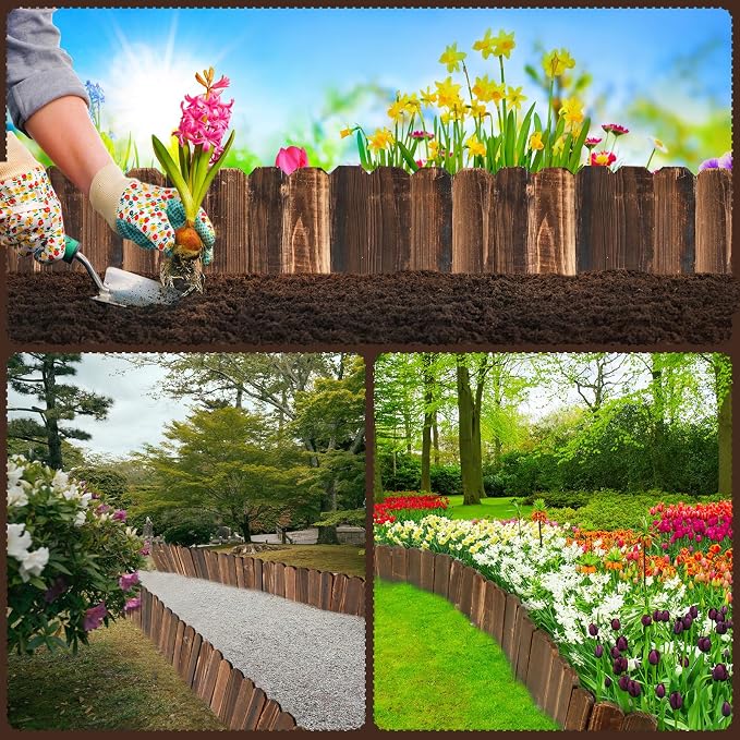 Bucherry 1 Pcs Rustic Wood Garden Edging Border 7.9 in H x 3.9 ft L Antiseptic Wood Garden Landscape Edging Fence with Gloves for Decorative Yard Pathway Flower Bed Lawns Pathway Tree